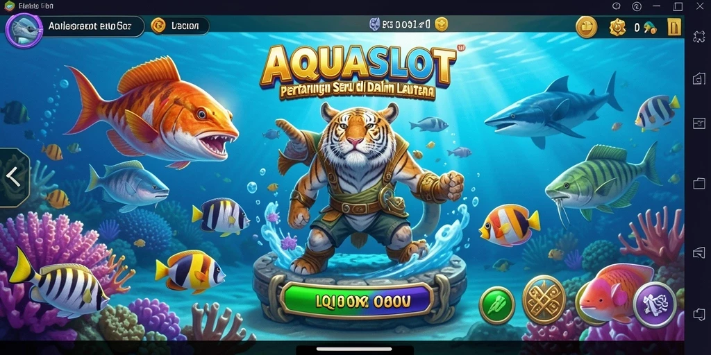 Gameplay AQUASLOT menampilkan pertarungan seru di bawah laut dengan karakter berwarna-warni.