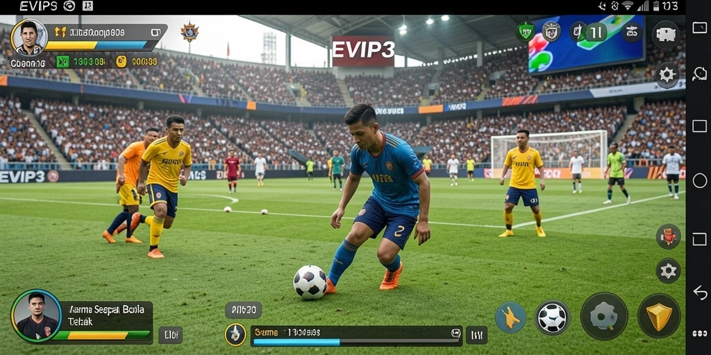 Tampilan gameplay EVIP3 yang mendebarkan dan realistis dalam pertandingan sepak bola.