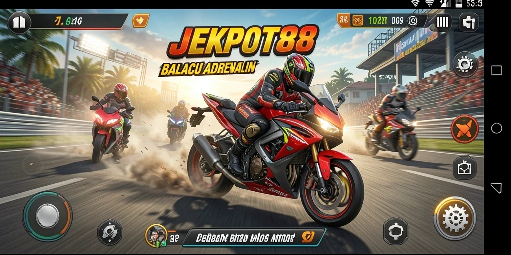 Screenshot utama JEKPOT88 menampilkan balapan motor yang mendebarkan dan intens.