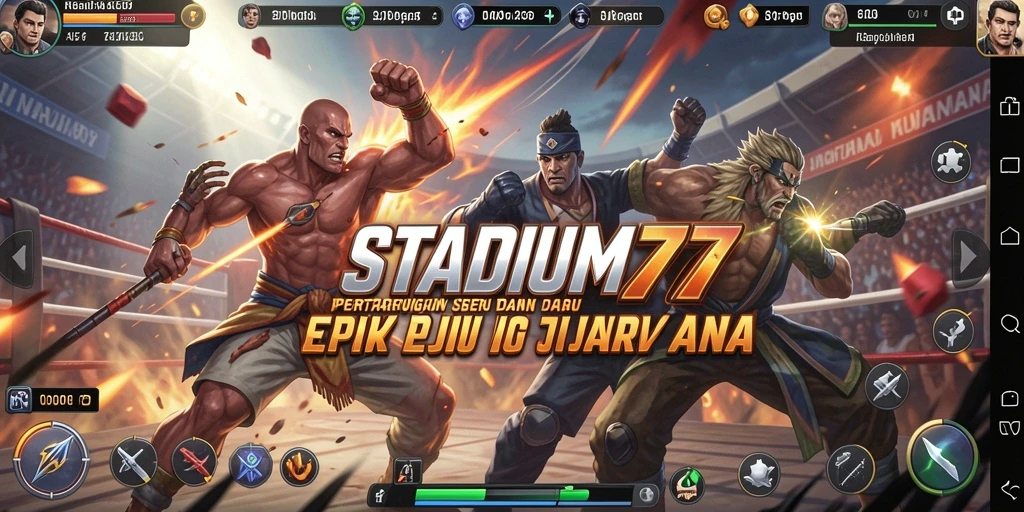 Gameplay mendebarkan di STADIUM77 dengan karakter unik dan aksi pertarungan seru.
